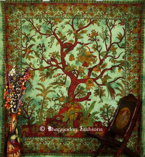 Intricate Tree of Life Indian Print Tapestry in Green and Red Print for Beach Outings-1200