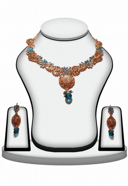 Jaipur Ethnic Polki Jewellery Set with Earrings in Turquoise Stones-0