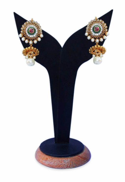 Party Wear Red and White Stone and Beads Jhumka Earrings for Women-0