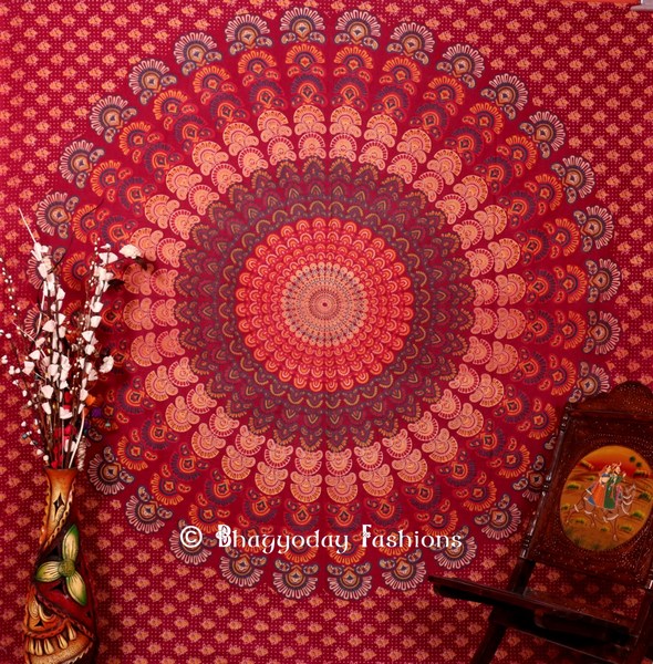 Round Hippie Mandala Tapestry Bedspread for Home in Maroon Print-0