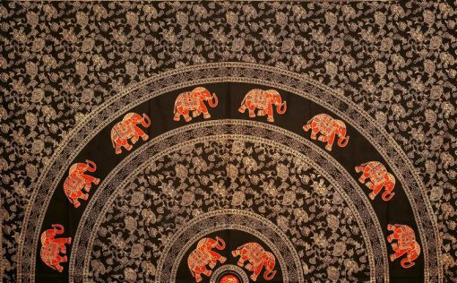 Black Golden Psychedelic Mandala Elephant Beach Tapestry Bedspread-3813