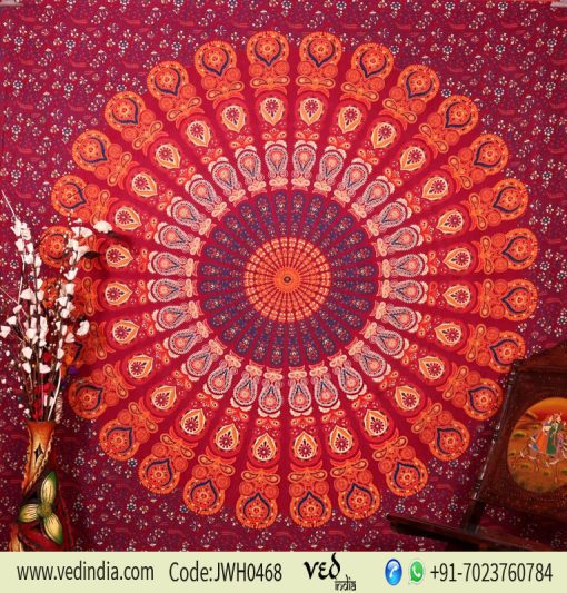Mandala Peacock Psychedelic Indian Tapestry Bedspread in Maroon -0