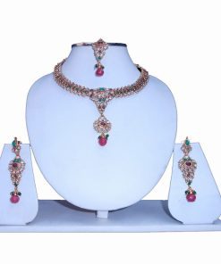 Elegant Designer Style Necklace Set with Earrings and Tika for Girls-0