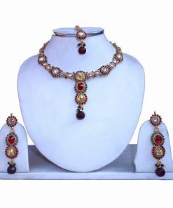 Buy Traditional Fancy Party Wear Necklace Set With Earrings and Tika from India -0