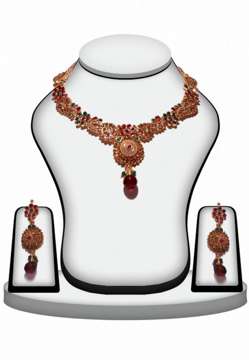 Party wear Red and Green Stone Polki Necklace Set with Designer Earrings-0