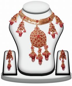 Pink, Red and White Polki Stones Designer Necklace Set for Women -0