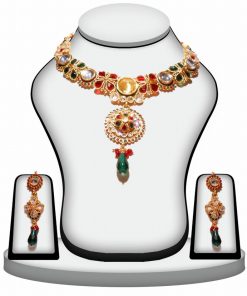 Polki Pendant Set Designs with Earrings Red, Green and White Color-0