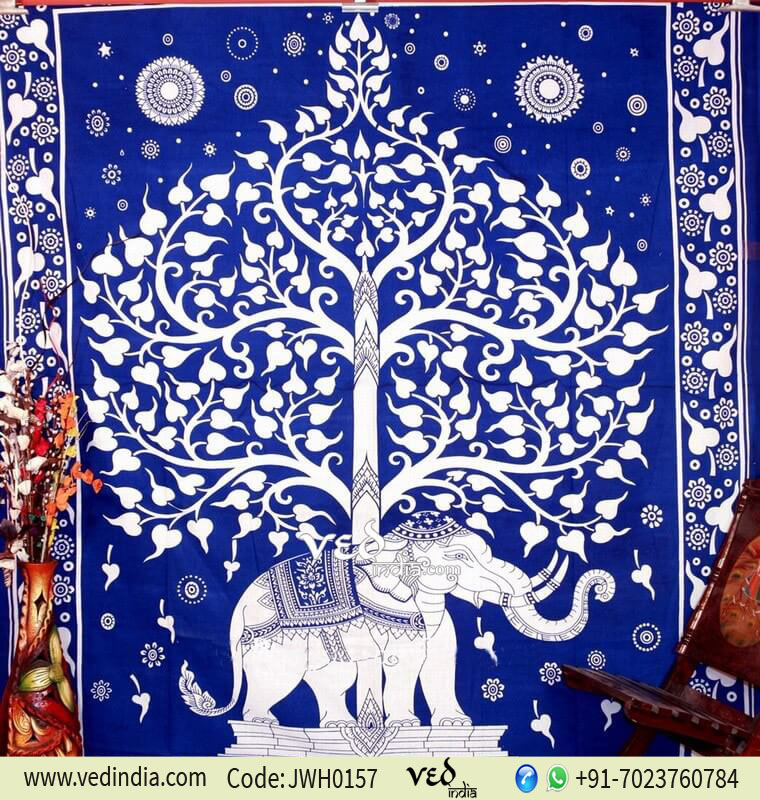 Blue Indian Hippie Elephant Tapestry