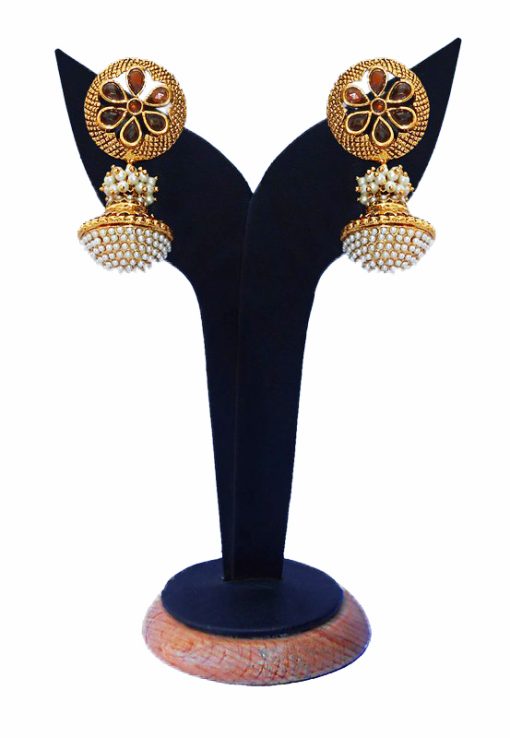 Red Stones and Pearl Studded Ram Leela Earrings from India for Festivals-0