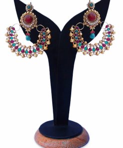 Elegant Red and Green Stones with Golden Beads Studded Ram Leela Earrings-0