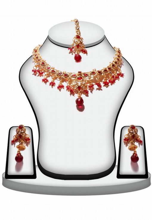 Red and White Designer Jaipur Jewelry Set with Earrings and Tikka-0