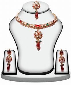 Red, Green and White Fashion Jewelry Set with Earrings and Tikka -0