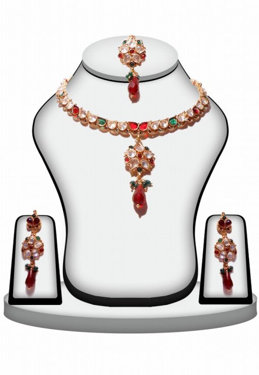 Red, Green and White Fashion Jewelry Set with Earrings and Tikka -0
