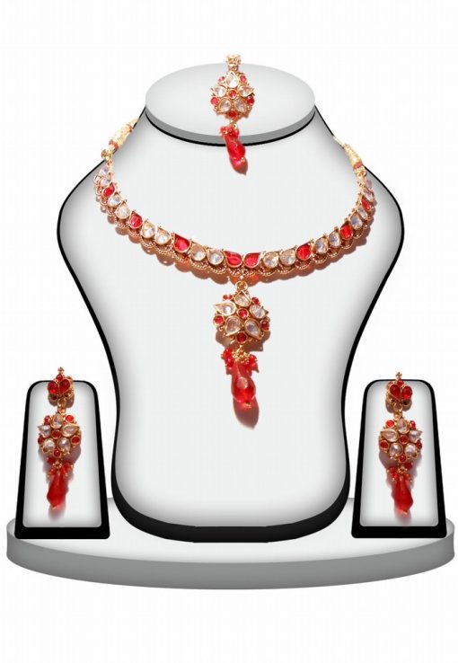 Stylish Fashion Necklace Set With Maang Tikka in White and Red Stones -0