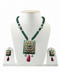Attractive Green Pendant and Earrings Pacchi Jewelry Set for Weddings-0