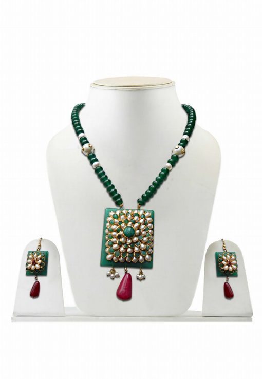 Attractive Green Pendant and Earrings Pacchi Jewelry Set for Weddings-0