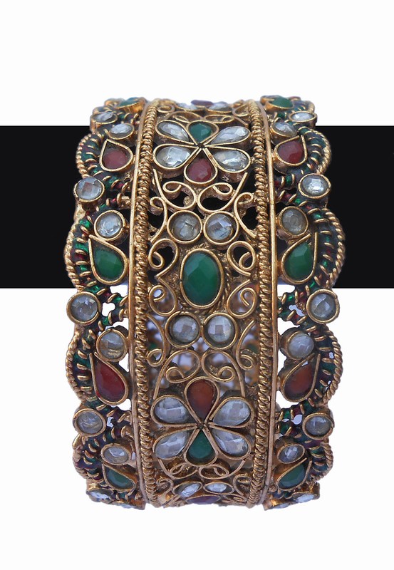 Elegant TraditionalBangles in Red, Green and White Stones-0