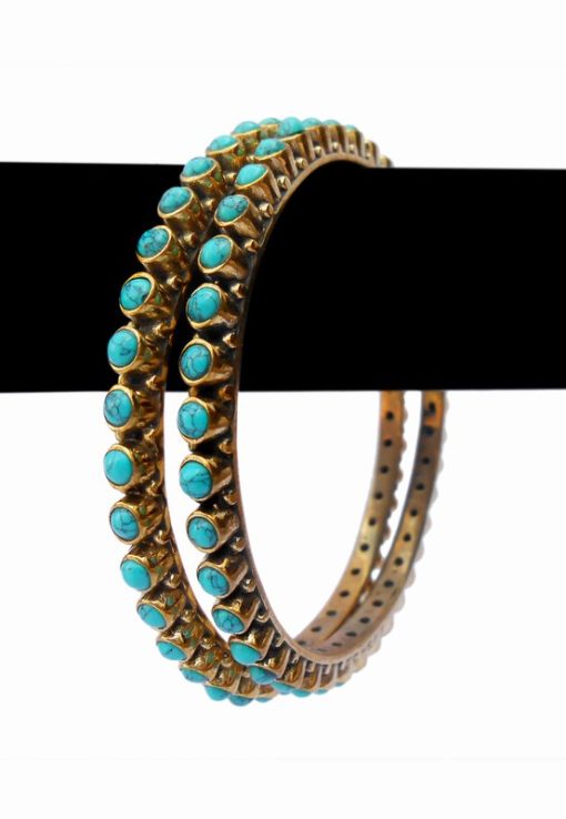 Beautiful Bridal Bangles in Turquoise Stones with Antique Polish-0