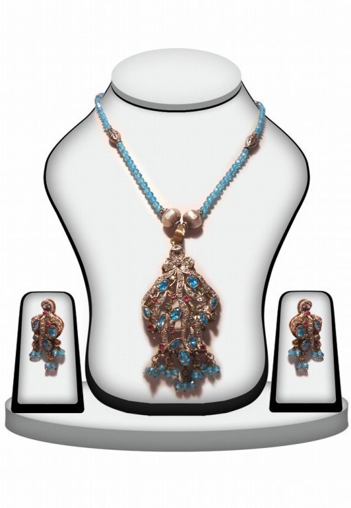 Beautiful Designer Girls Victorian Pendant Set in Turquoise and Red Stones -0