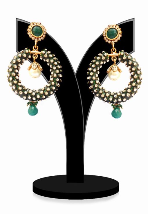 Beautiful Designer Jhumkas for Women in Green Colored Stones-0