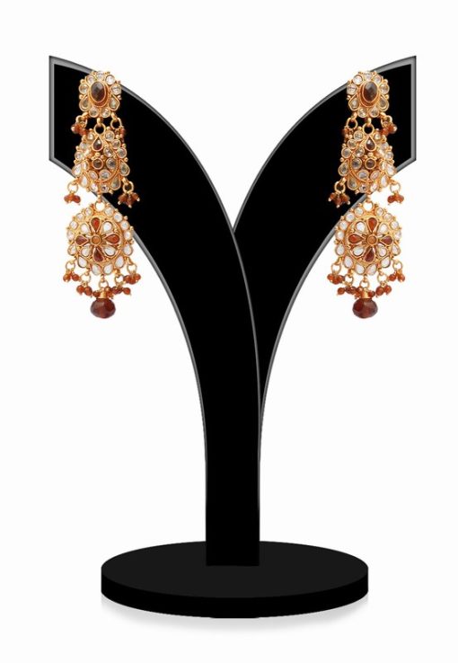 Heavy Beautiful Polki Earrings in Red and White Stones and Beads-0