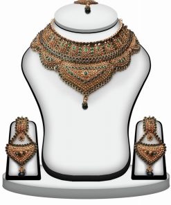 Beautiful Polki Stone Necklace and Earring Set in Green -0