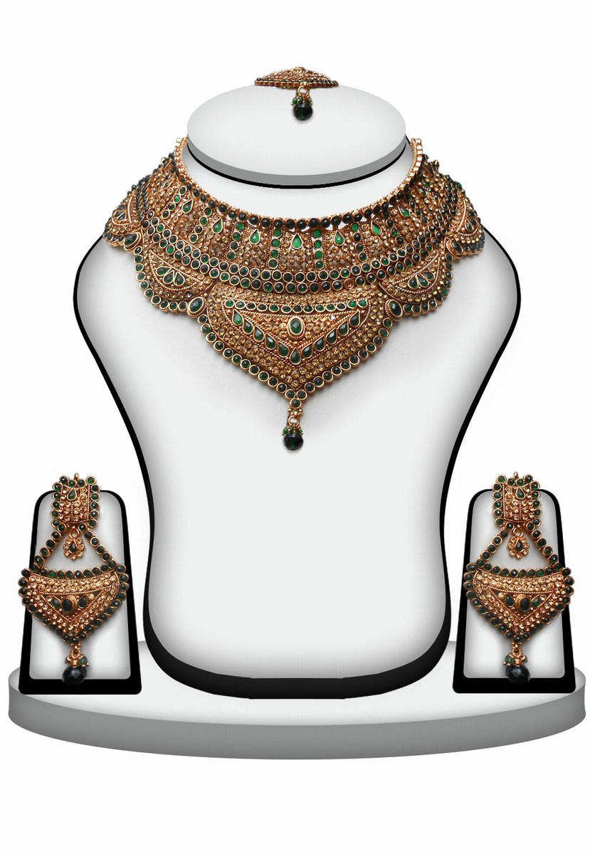 Beautiful Polki Stone Necklace and Earring Set in Green -0