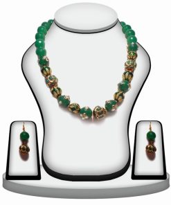 BeautifulGreen Beaded Necklace Set with Kundan Work and Antique Polish-0