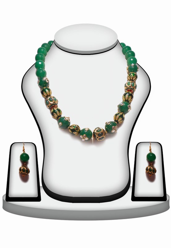 BeautifulGreen Beaded Necklace Set with Kundan Work and Antique Polish-0