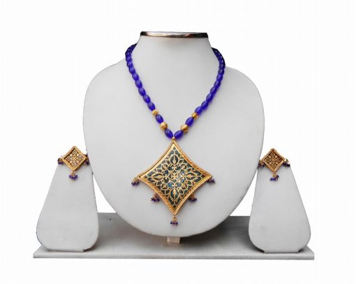 Blue Beads Fancy Indian Thewa Pendant Set -0