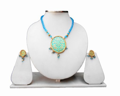 Blue Beads Stylish Indian Thewa Pendant Set with Designer Earrings-0