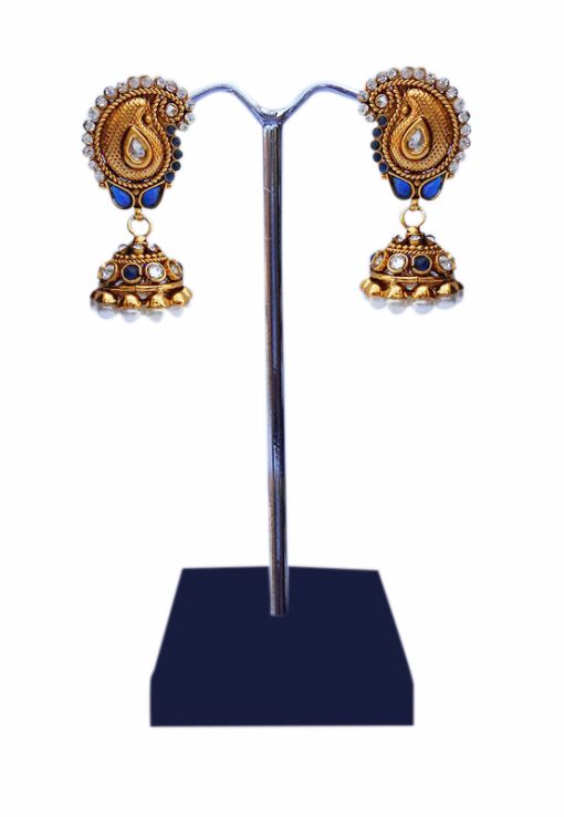 Blue Stones Studded Jhumkas from India for Festivals for Girls-0