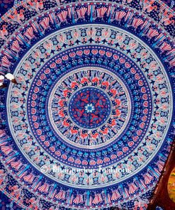 Blue Round Elephant Boho Dorm Wall Tapestry Bedspread Floor Cushion-1436