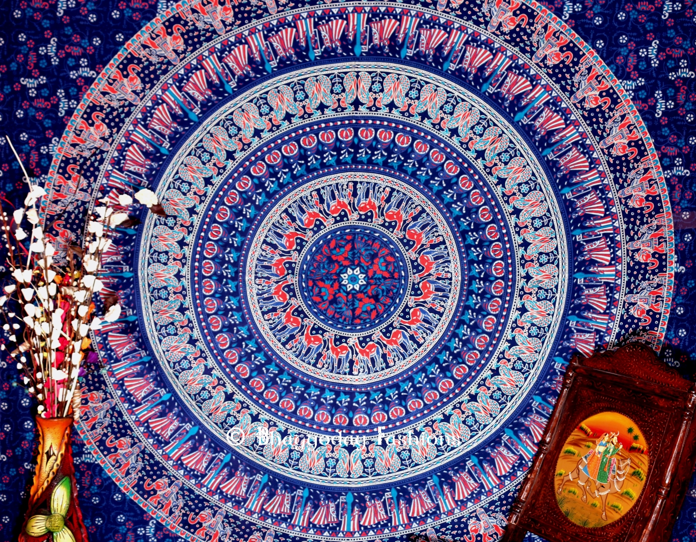 Blue Round Elephant Boho Dorm Wall Tapestry Bedspread Floor Cushion-1436