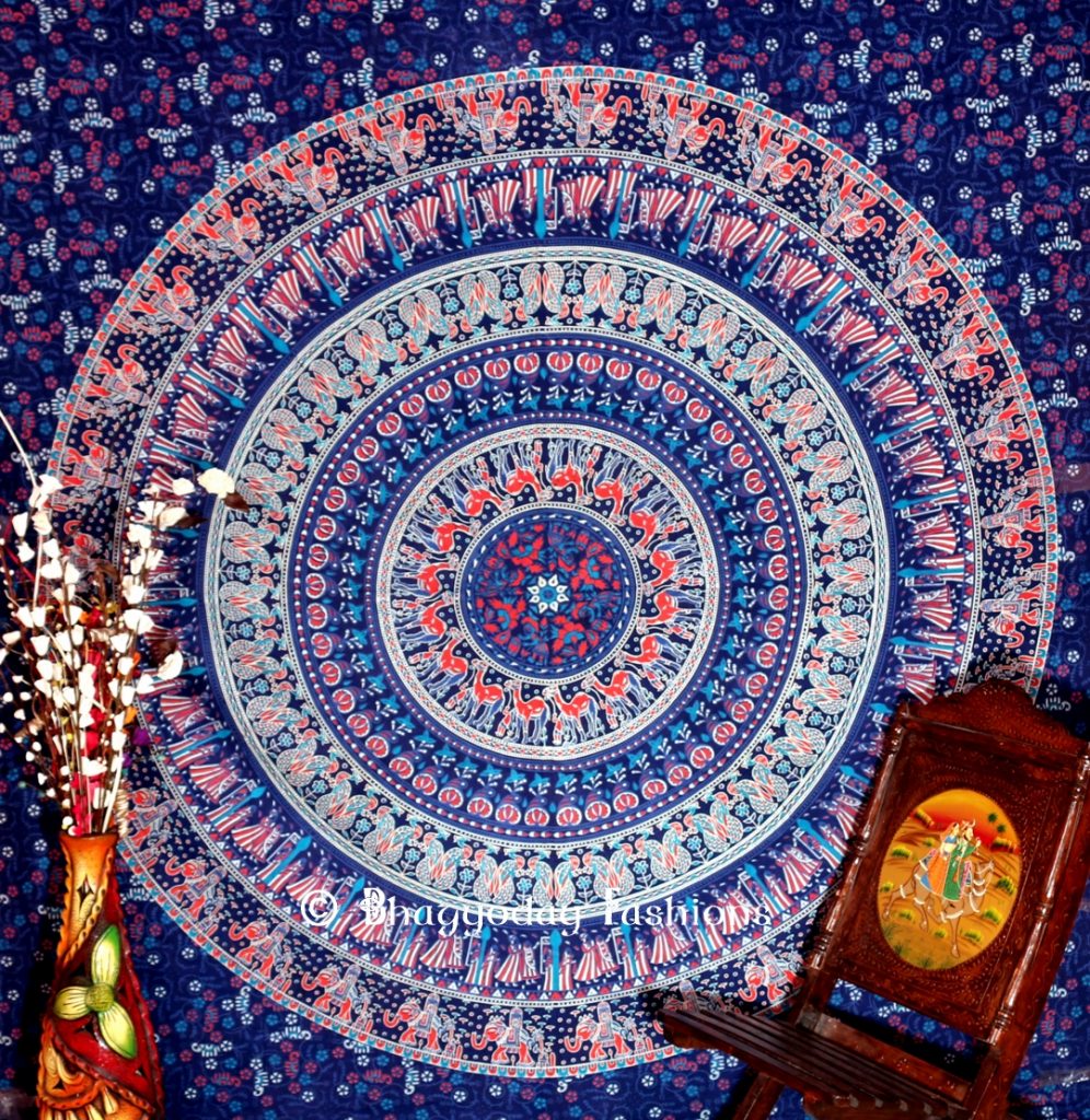 Blue Round Elephant Boho Dorm Wall Tapestry Bedspread Floor Cushion ...