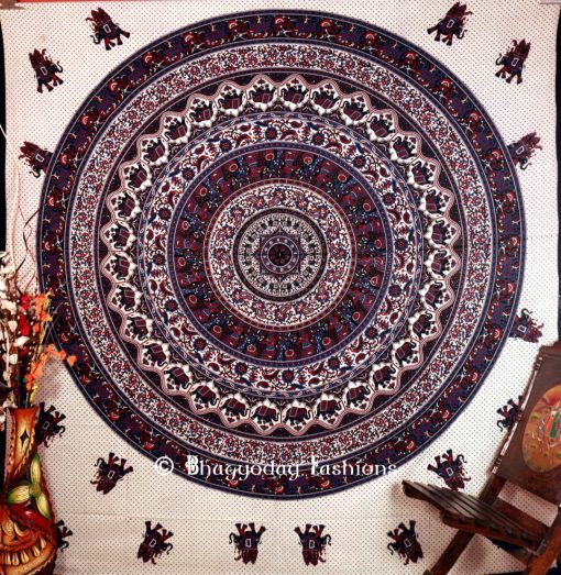 Blue White Round Lion Handlook Boho Tapestry Bedding Floor Cushions-0
