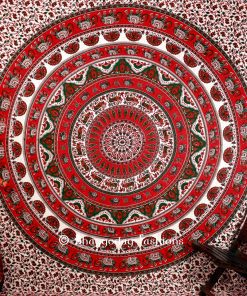 Bohemian Handlook Elephant Wall Tapestry in Round Red Ethnic Print-0