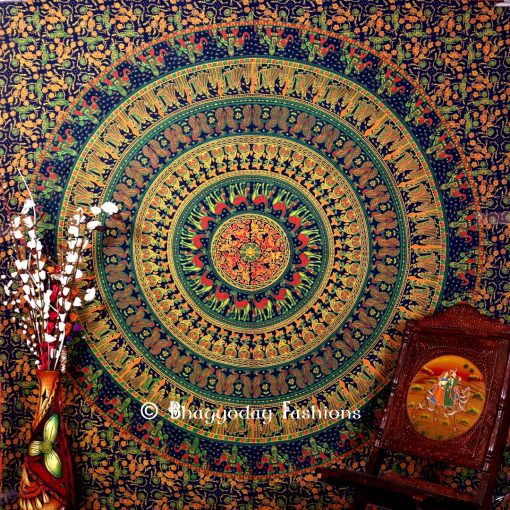 Bohemian Mandala Elephant Wall Tapestry in Round Blue Ethnic Print-0