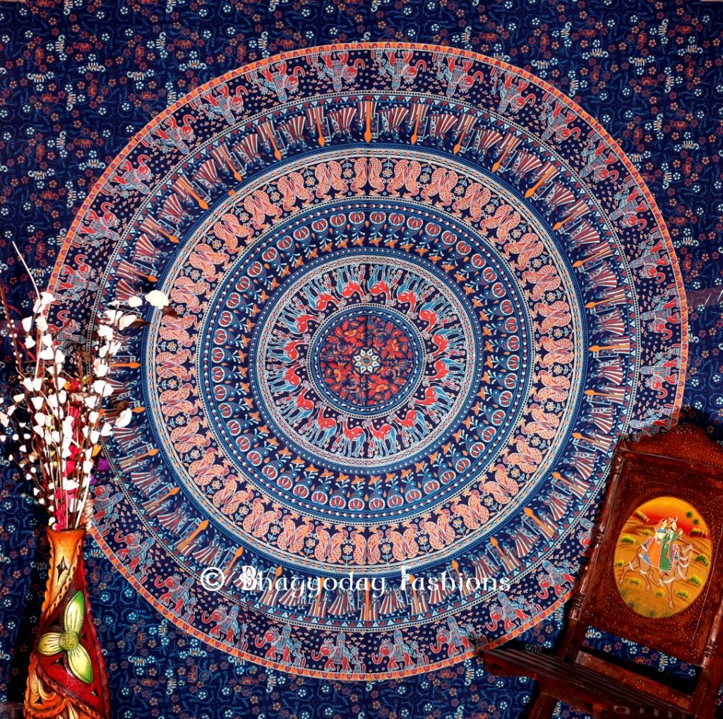 Boho Round Elephant Wall Hanging Dorm Bedroom Tapestry in Blue ...