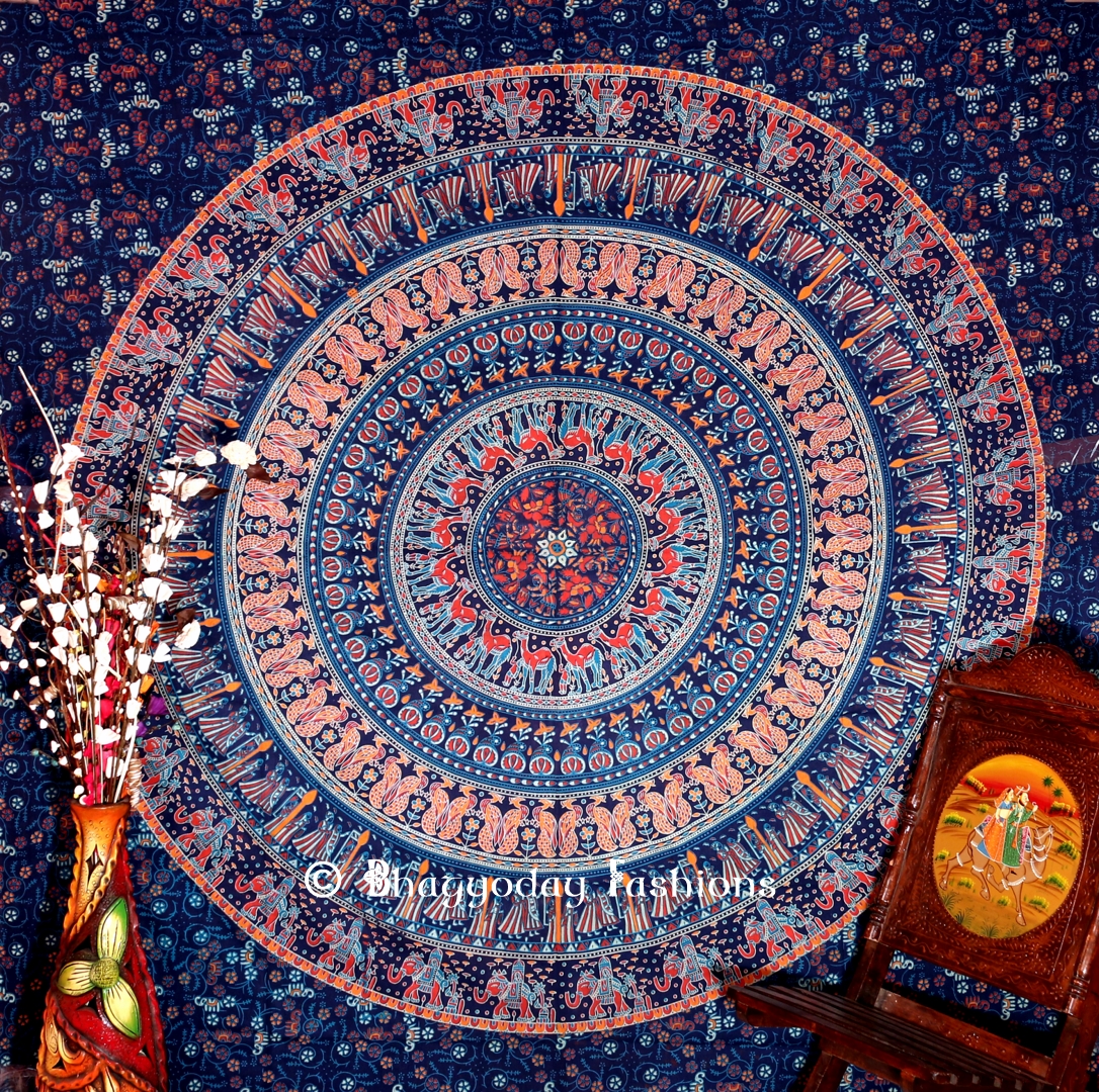 Boho Round Elephant Wall Hanging Dorm Bedroom Tapestry in Blue-0