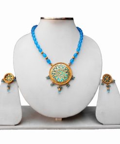 Bridal Thewa Pendant and Designer Earrings Set in Turquoise Beads-0