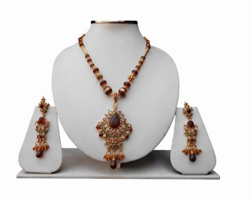 Brown Stones Indian Pendant Set With Designer Earrings -0