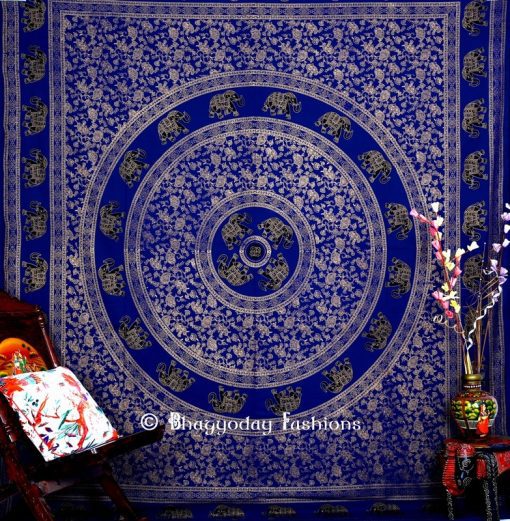 Buy Dark Blue Round Elephant Black Print Beach Tapestry Bedspread -0