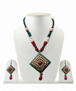 Buy Green and Red Pacchi Work Traditional Pendant and Earrings Set-0