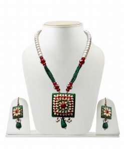 Buy Green and White Pacchi Ethnic Pendant Necklace from India -0