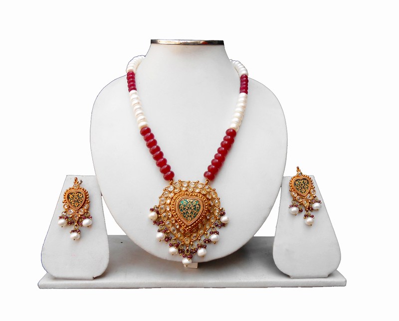 Buy Online Multi-Color Thewa and Polki Pendant Set with Earrings-0