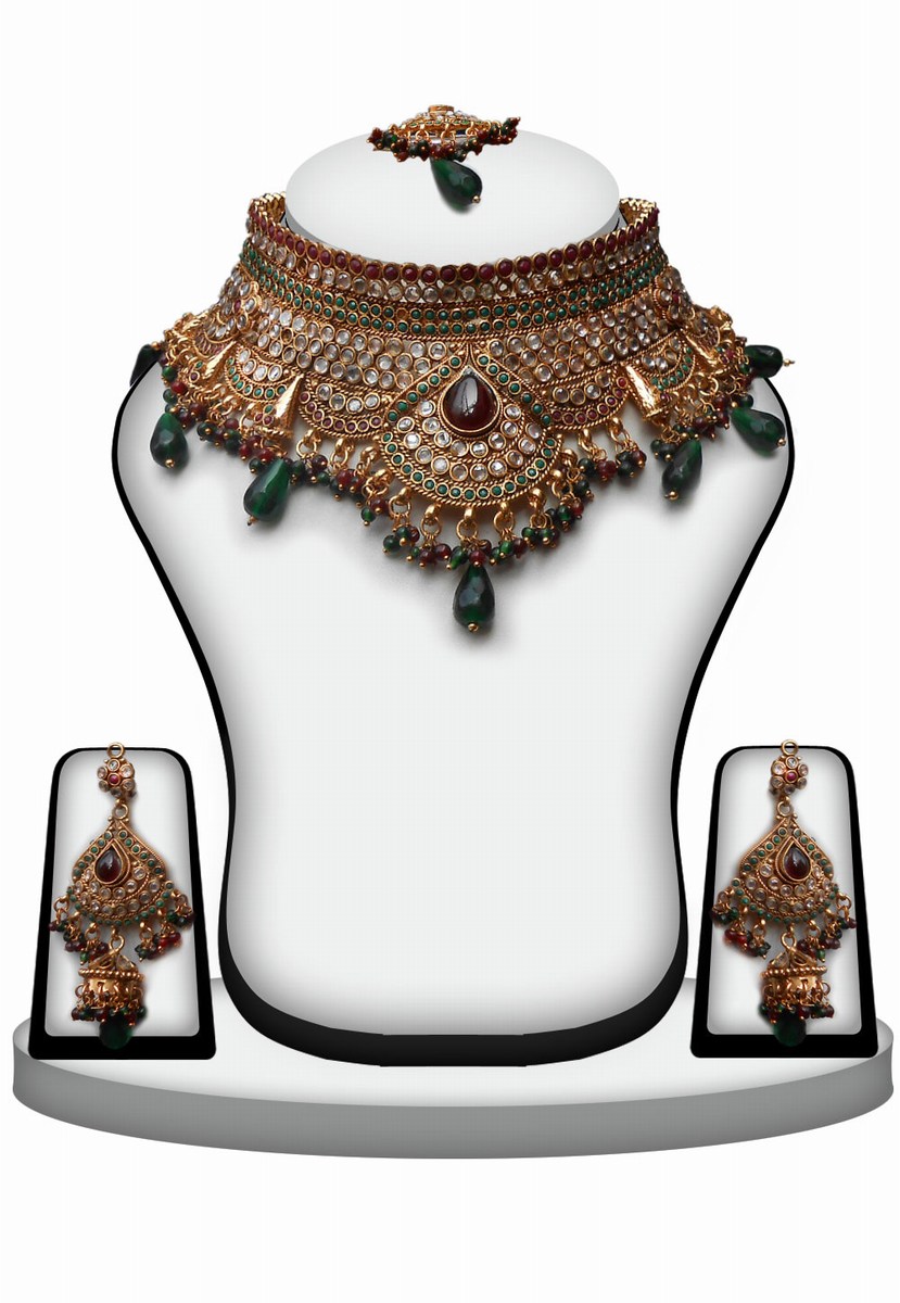 Buy Online Wedding NecklaceSet For Women in Green and White Stone-0