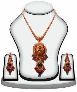 Buy Party Wear Fashion Polki Pendant Set in Green and Red Stones-0