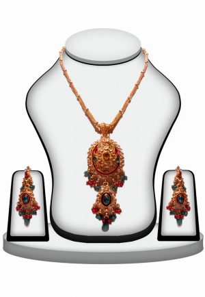 Buy Party Wear Fashion Polki Pendant Set in Green and Red Stones-0
