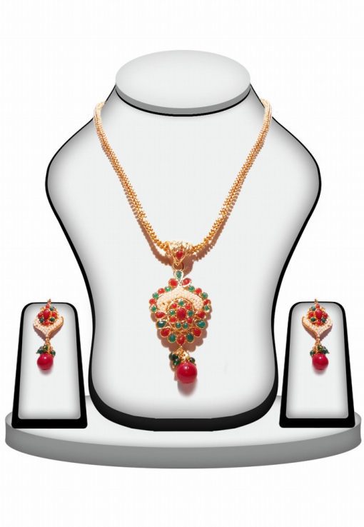 Buy Red and Green Indian Polki Pendant Set for Girls with Earrings -0